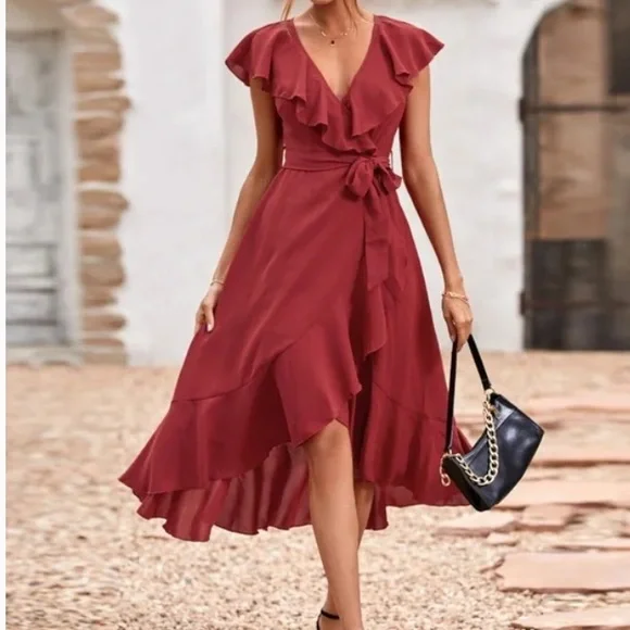 Boho pink ruffle hem wrap belted maxi dress - Picture 15 of 16